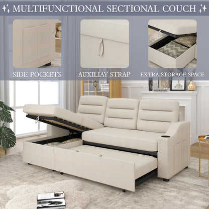 Canapé-lit convertible beige de 83,5 po avec lit gigogne, éclairage LED, ports USB et méridienne de rangement