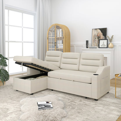 Canapé-lit convertible beige de 83,5 po avec lit gigogne, éclairage LED, ports USB et méridienne de rangement