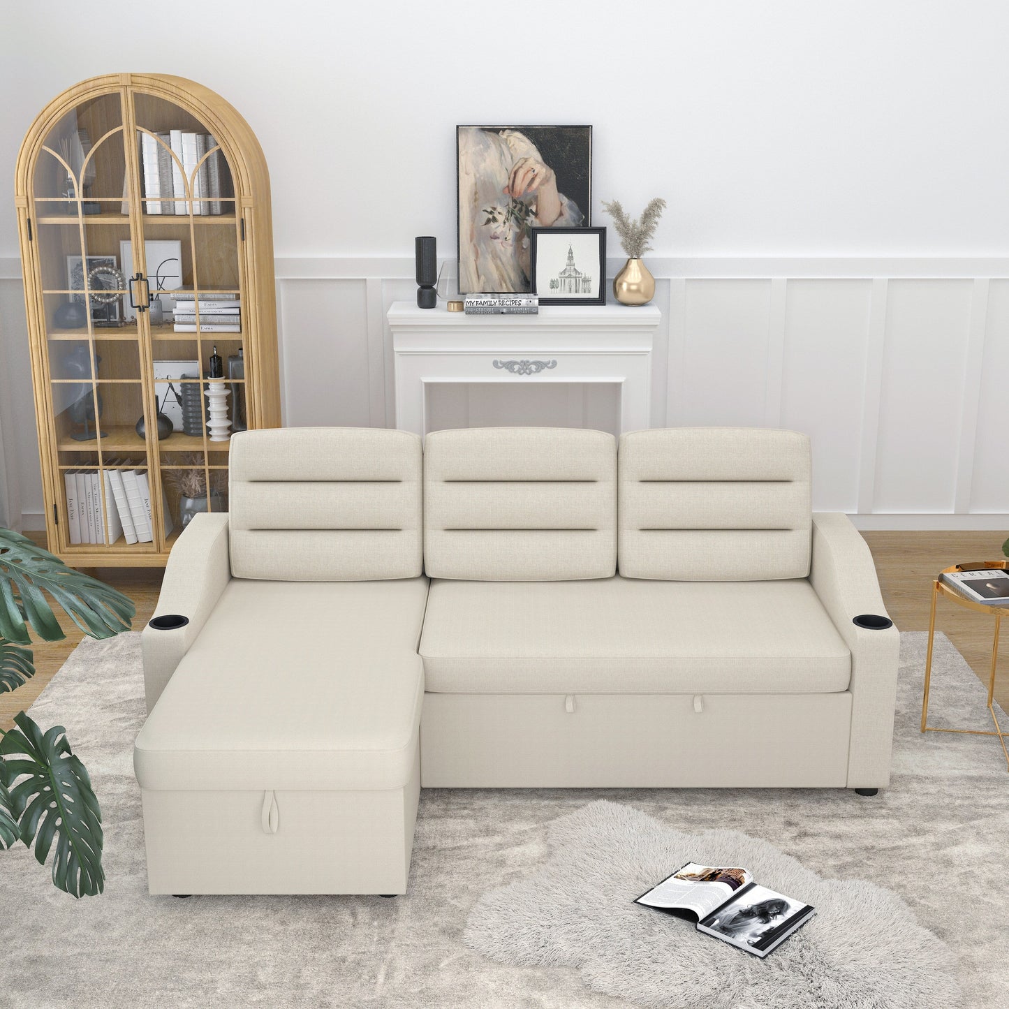 Canapé-lit convertible beige de 83,5 po avec lit gigogne, éclairage LED, ports USB et méridienne de rangement