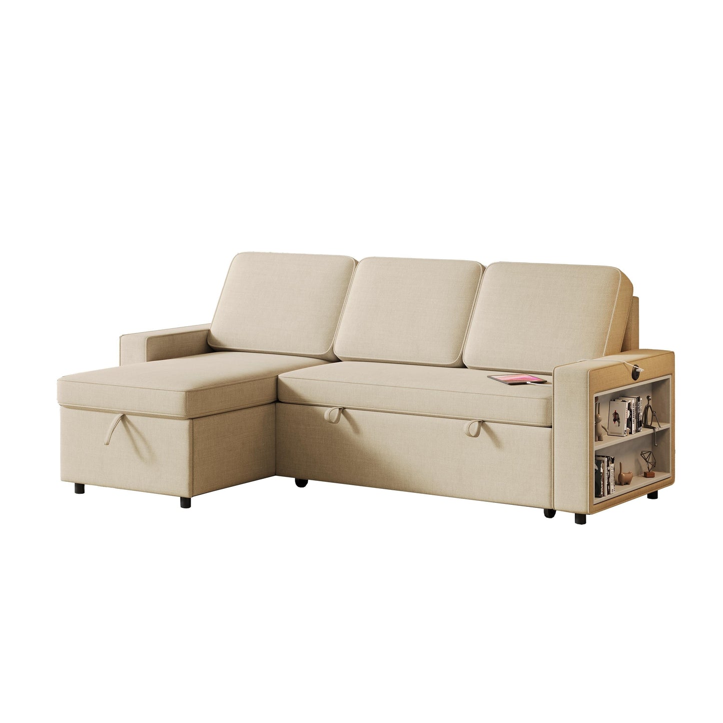 Canapé-lit 3 places en L en tissu beige de 217 cm avec lit gigogne, méridienne de rangement, ports USB et étagères