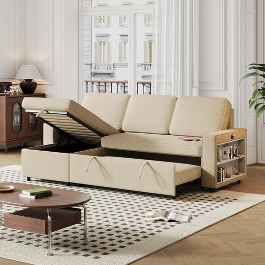 Canapé-lit 3 places en L en tissu beige de 217 cm avec lit gigogne, méridienne de rangement, ports USB et étagères