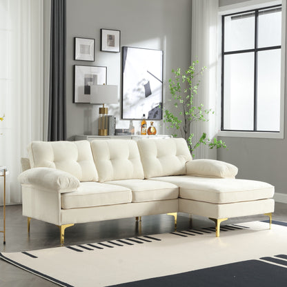 Canapé en tissu beige 85 en forme de L avec coussins à ressorts, structure en bois de haute qualité et coussins de taille