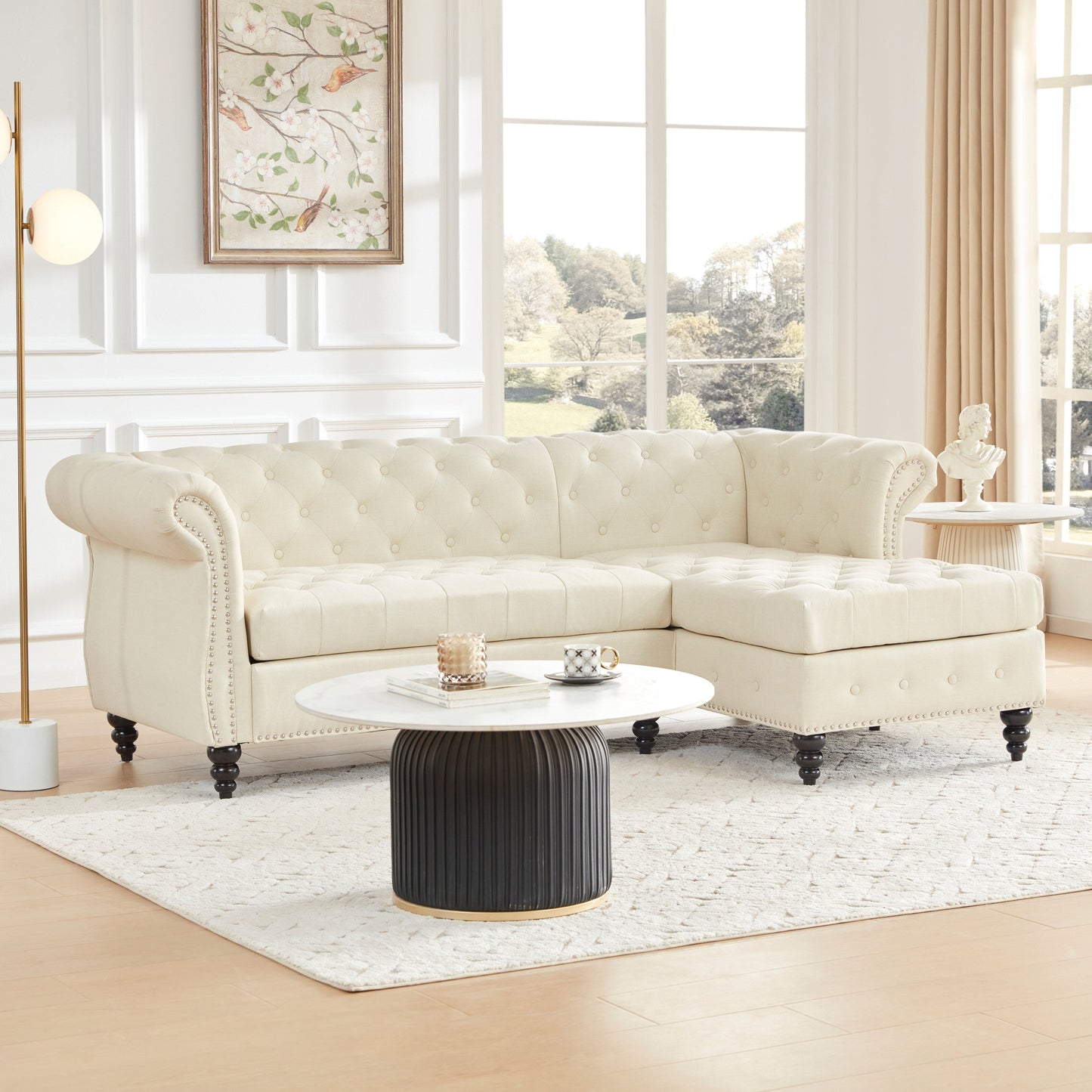 Canapé Chesterfield en lin beige de 86,6 po avec méridienne et garniture cloutée