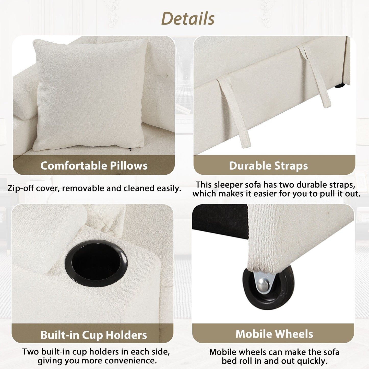 Canapé-lit 3 places en tissu beige de 221 cm avec lit gigogne, roulettes, ports USB, prises de courant et porte-gobelets intégrés