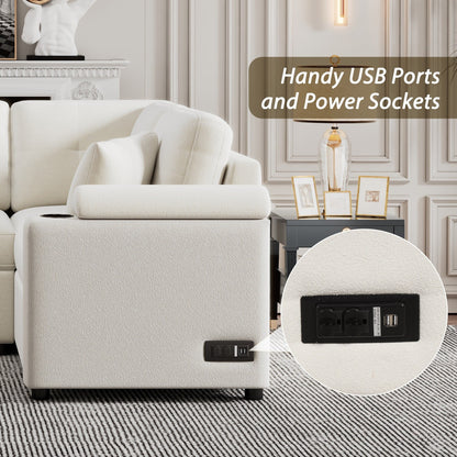 Canapé-lit 3 places en tissu beige de 221 cm avec lit gigogne, roulettes, ports USB, prises de courant et porte-gobelets intégrés