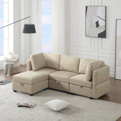Canapé modulaire 3 places beige de 87,9 po avec pouf, dossiers et accoudoirs réglables, sièges avec rangement et coussins épais