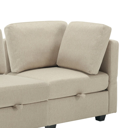 Canapé modulaire 3 places beige de 87,9 po avec pouf, dossiers et accoudoirs réglables, sièges avec rangement et coussins épais