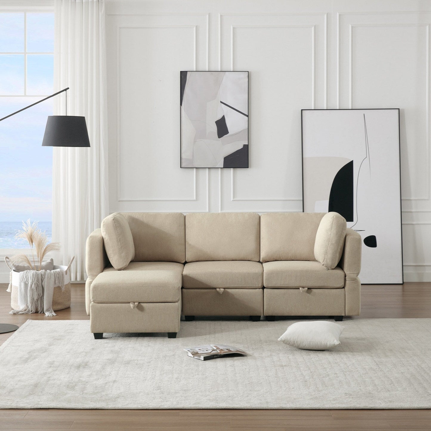 Canapé modulaire 3 places beige de 87,9 po avec pouf, dossiers et accoudoirs réglables, sièges avec rangement et coussins épais