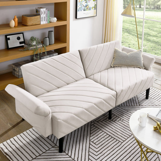 Canapé-lit futon convertible capitonné en velours beige 87 avec accoudoirs réglables pour salon