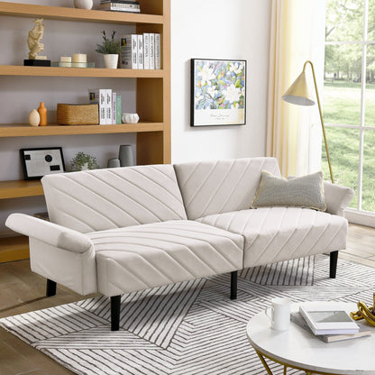 Canapé-lit futon convertible capitonné en velours beige 87 avec accoudoirs réglables pour salon
