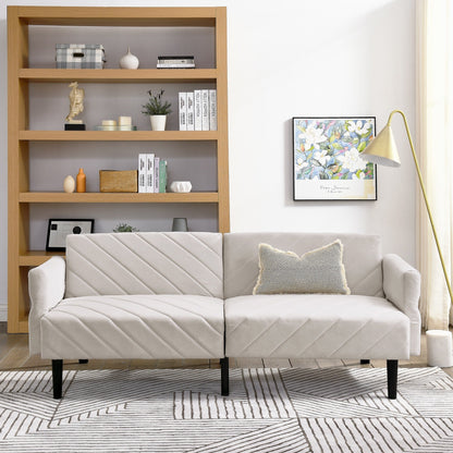 Canapé-lit futon convertible capitonné en velours beige 87 avec accoudoirs réglables pour salon