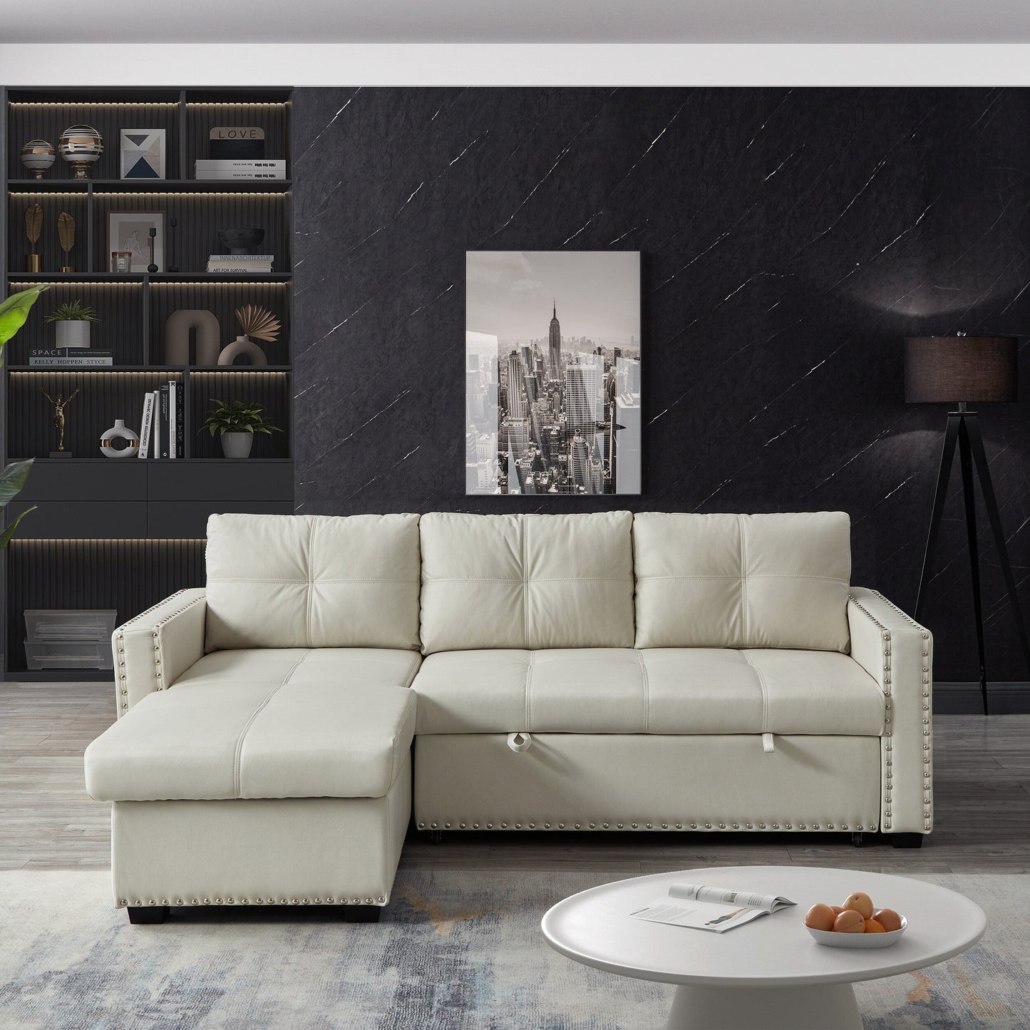 Canapé-lit convertible 3 places beige de 88 po avec méridienne de rangement, lit gigogne, garniture cloutée argentée, rembourrage en éponge confortable