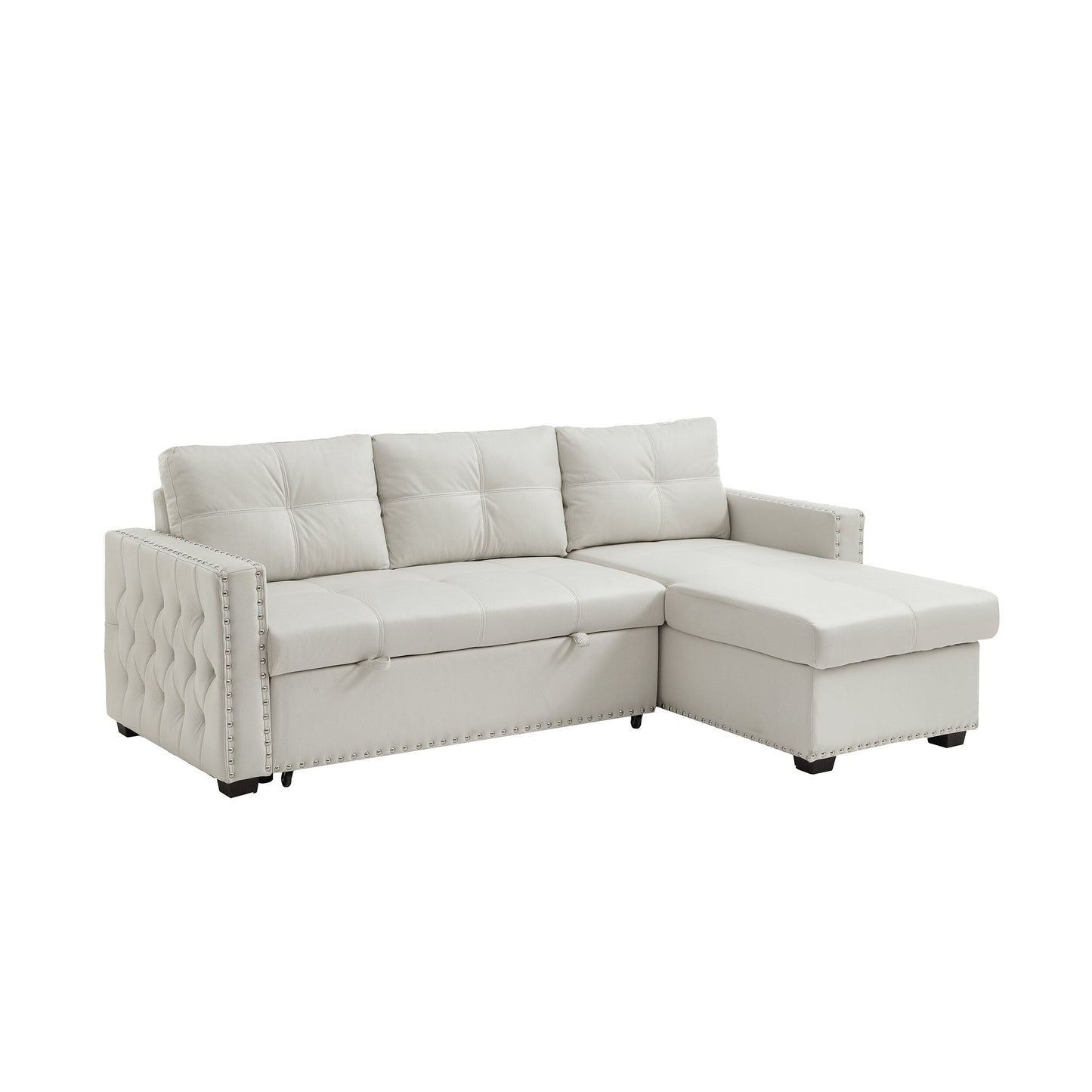 Canapé-lit convertible 3 places beige en microfibre de 88 po avec méridienne de rangement et fonction lit gigogne