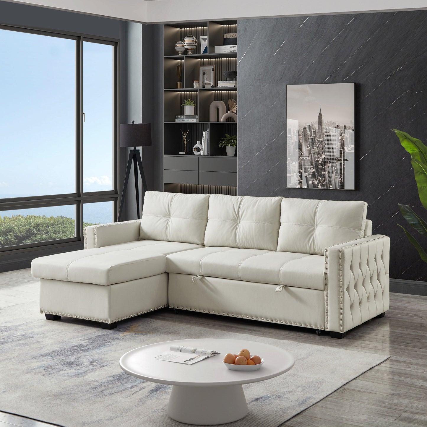 Canapé-lit convertible 3 places beige en microfibre de 223 cm avec méridienne de rangement, lit gigogne et coussin en éponge de haute qualité