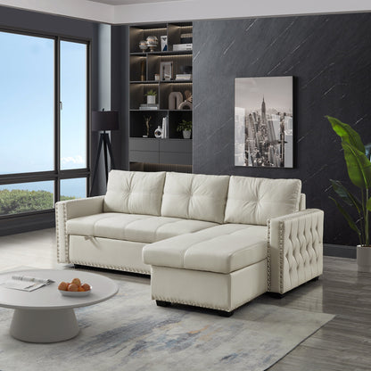 Canapé-lit convertible beige en microfibre de 88 po avec méridienne de rangement