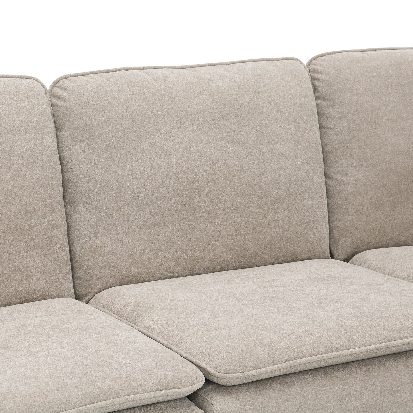 Canapé modulable 5 places en L en velours beige 89 avec coussins doubles, structure robuste en bois et fer