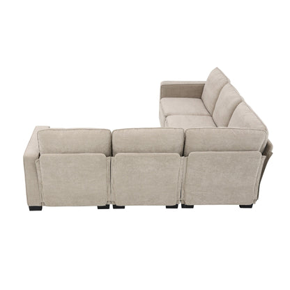 Canapé modulable 5 places en L en velours beige 89 avec coussins doubles, structure robuste en bois et fer
