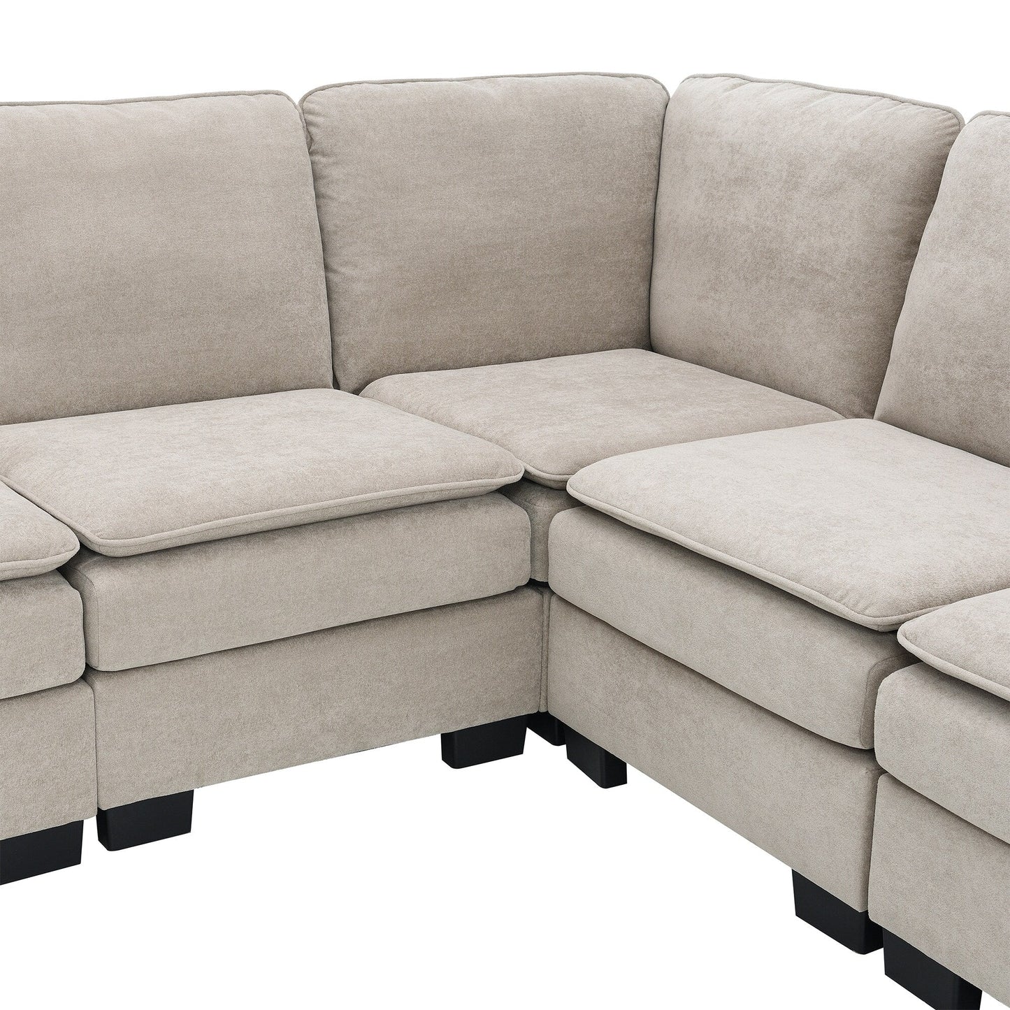 Canapé modulable 5 places en L en velours beige 89 avec coussins doubles, structure robuste en bois et fer