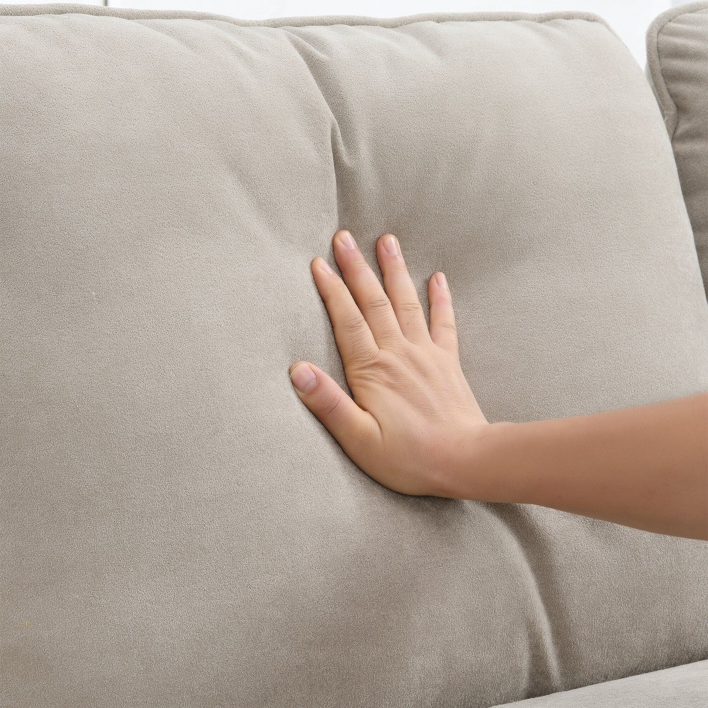 Canapé modulable 5 places en L en velours beige 89 avec coussins doubles, structure robuste en bois et fer