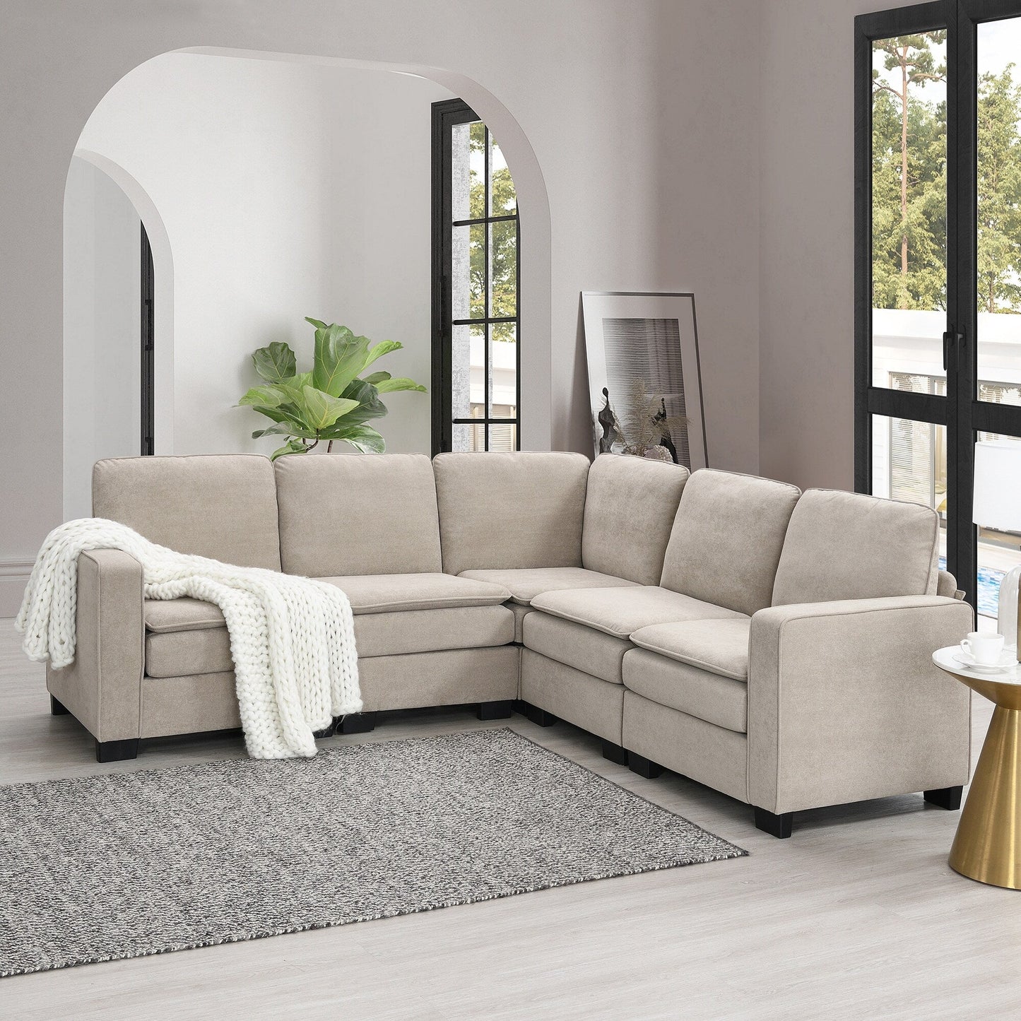 Canapé d'angle 5 places en velours beige 89, surdimensionné, avec coussins doubles