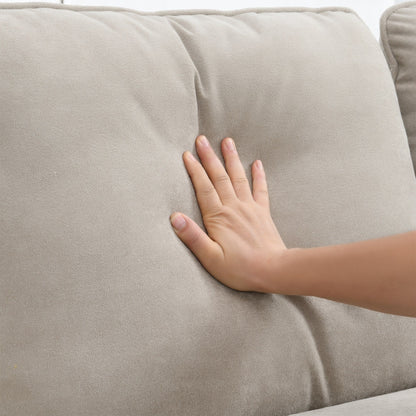 Canapé sectionnel 5 places en velours beige 89'' en forme de L avec coussins doubles, cadre robuste en bois et fer