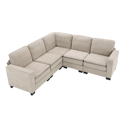 Canapé sectionnel 5 places en velours beige 89'' en forme de L avec coussins doubles, cadre robuste en bois et fer