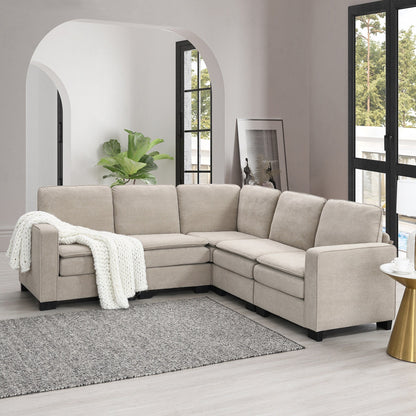 Canapé sectionnel 5 places en velours beige 89'' en forme de L avec coussins doubles, cadre robuste en bois et fer