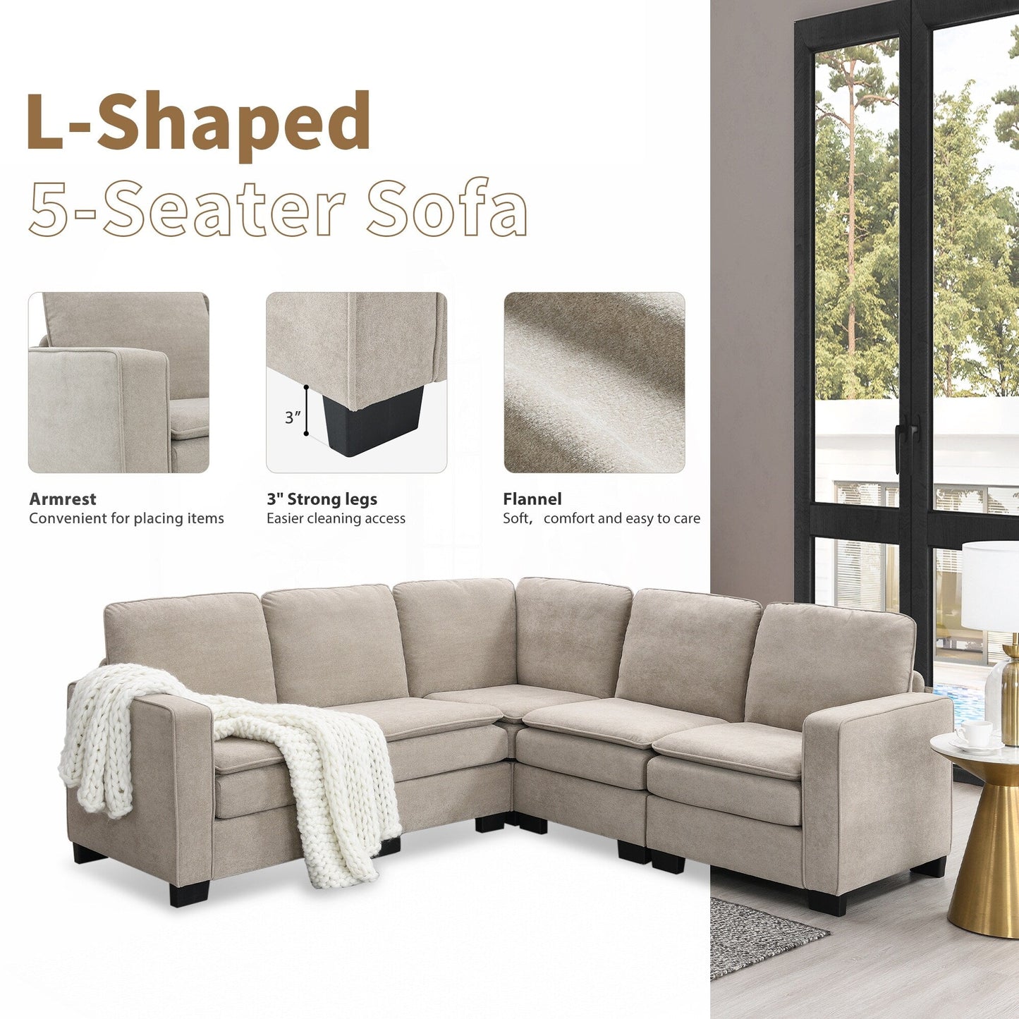 Canapé sectionnel 5 places en velours beige 89'' en forme de L avec coussins doubles, cadre robuste en bois et fer