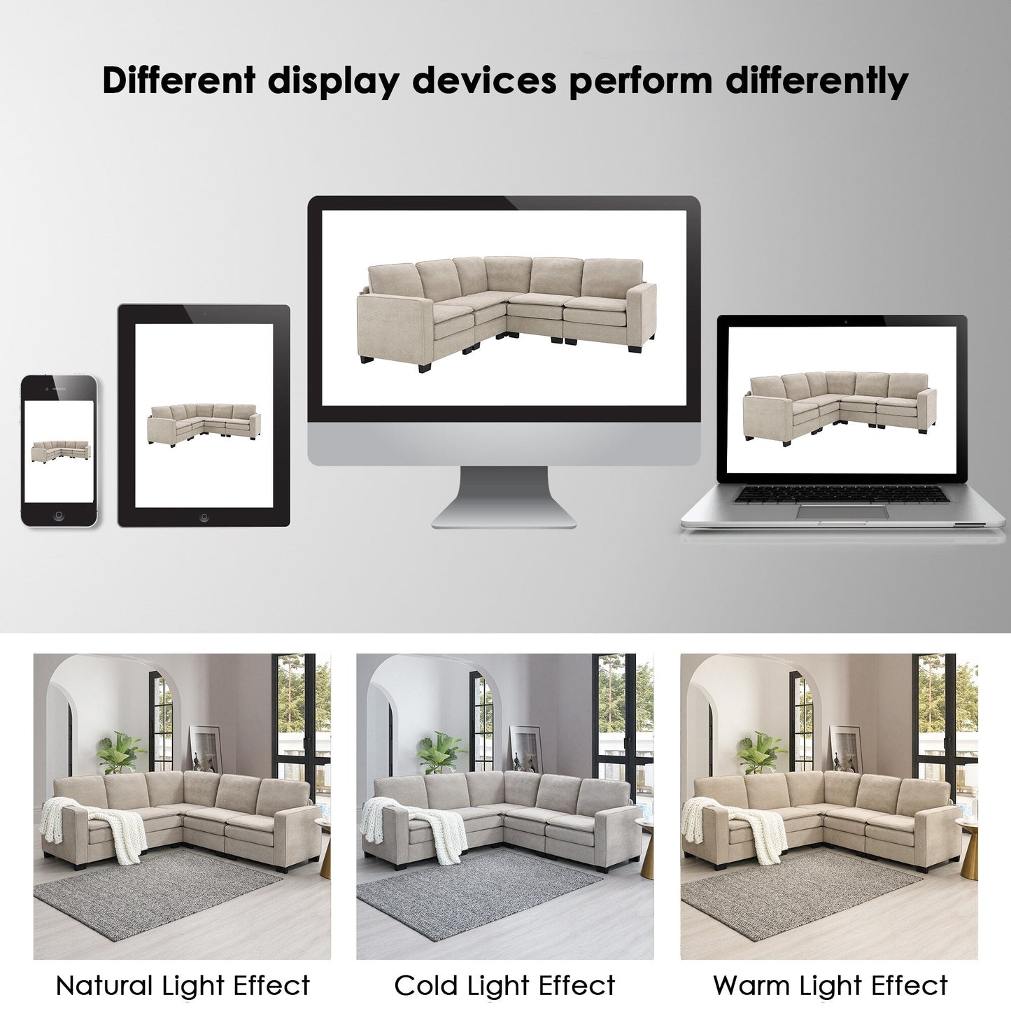 Canapé sectionnel 5 places en velours beige 89'' en forme de L avec coussins doubles, cadre robuste en bois et fer