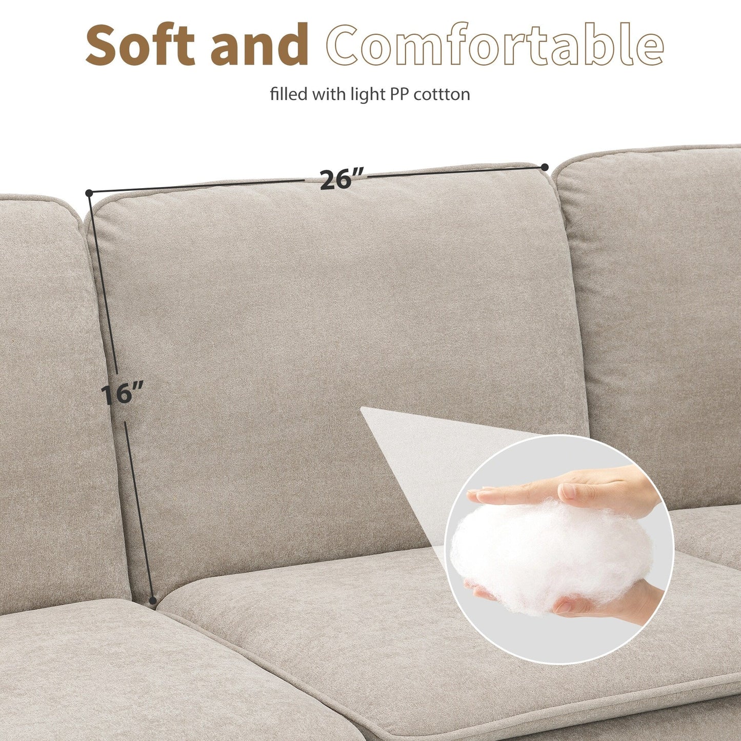 Canapé sectionnel 5 places en velours beige 89 po avec coussins doubles