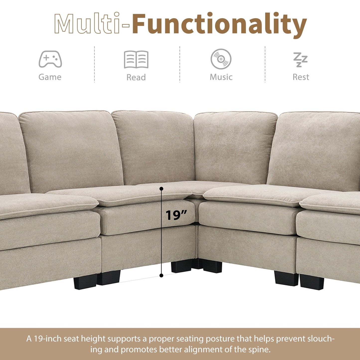 Canapé sectionnel 5 places en velours beige 89 po avec coussins doubles