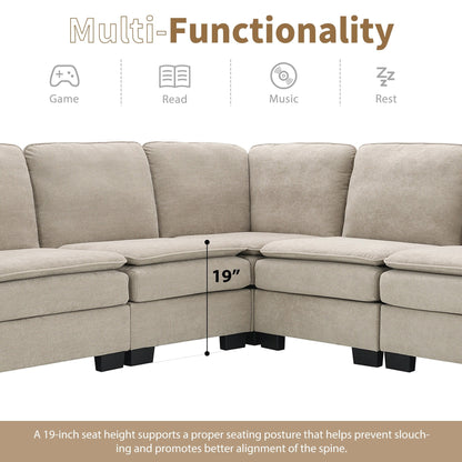 Canapé sectionnel 5 places en velours beige 89 po avec coussins doubles