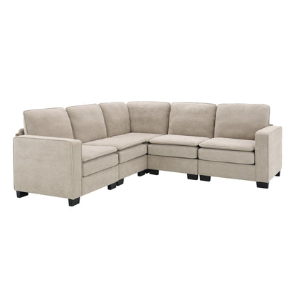 Canapé sectionnel 5 places en velours beige 89 po avec coussins doubles