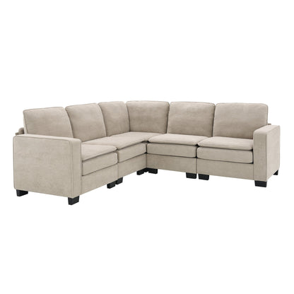 Canapé sectionnel 5 places en velours beige 89 po avec coussins doubles