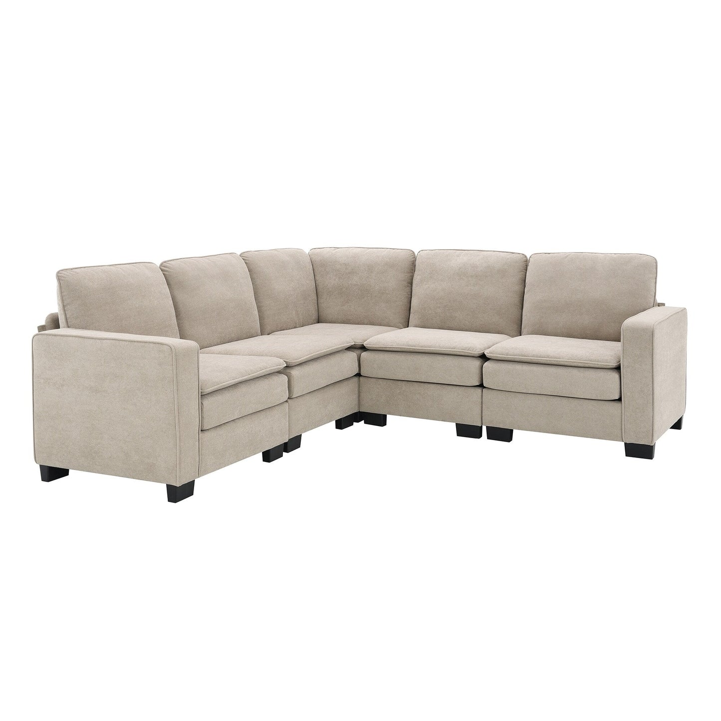 Canapé sectionnel 5 places en velours beige de 89 po avec coussins doubles, structure en fer et bois pour plus de stabilité