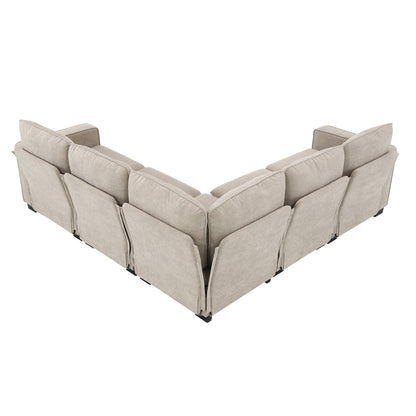 Canapé sectionnel 5 places en velours beige de 89 po avec coussins doubles, structure en fer et bois pour plus de stabilité