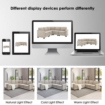 Canapé sectionnel 5 places en velours beige de 89 po avec coussins doubles, structure en fer et bois pour plus de stabilité