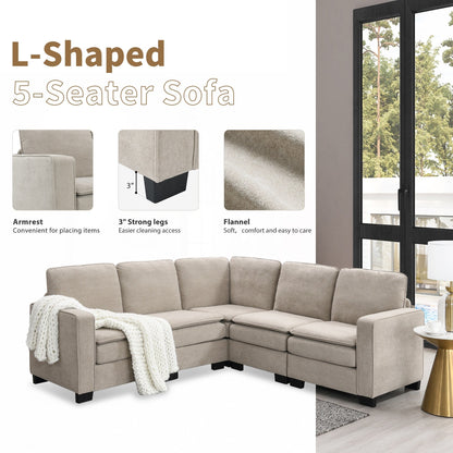 Canapé sectionnel 5 places en velours beige de 89 po avec coussins doubles, structure en fer et bois pour plus de stabilité