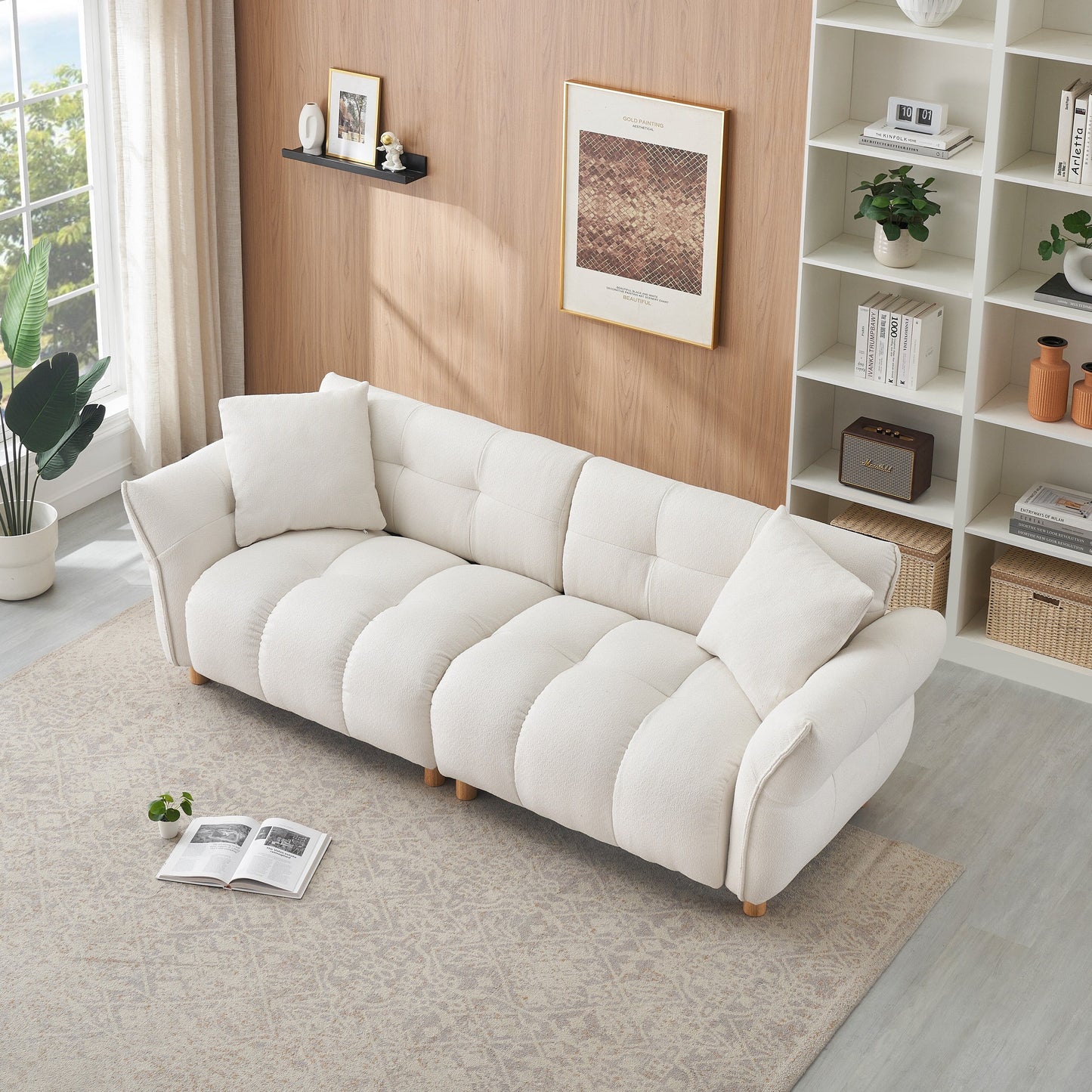Canapé 3 places en tissu Teddy beige 93,70 avec deux coussins assortis pour le salon