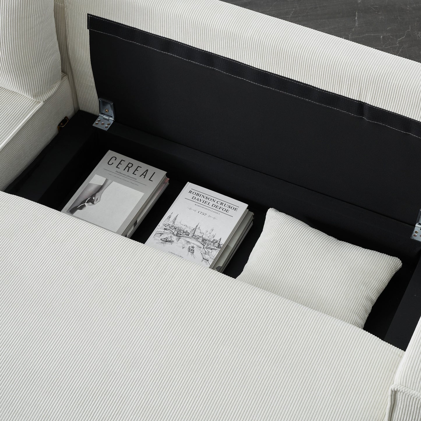 Canapé-lit 3 places en velours côtelé beige de 93 po avec 2 coussins décoratifs, méridienne convertible, rangement et configuration réglable