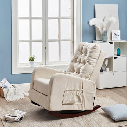 Fauteuil inclinable beige réglable pour balcon ou tatami, avec dossier haut, pieds en bois massif et poches de rangement latérales