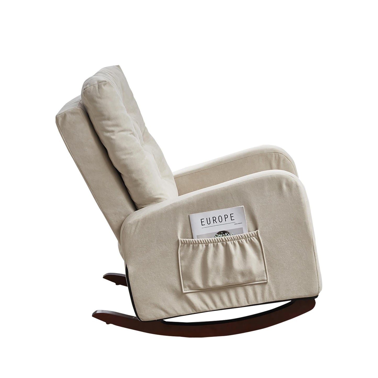 Fauteuil inclinable réglable beige avec pieds en bois massif et dossier haut