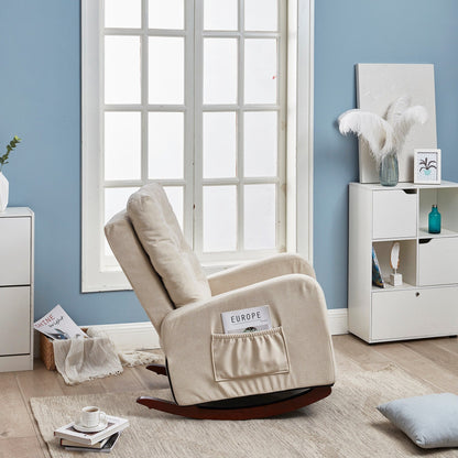 Fauteuil inclinable réglable beige avec pieds en bois massif et dossier haut