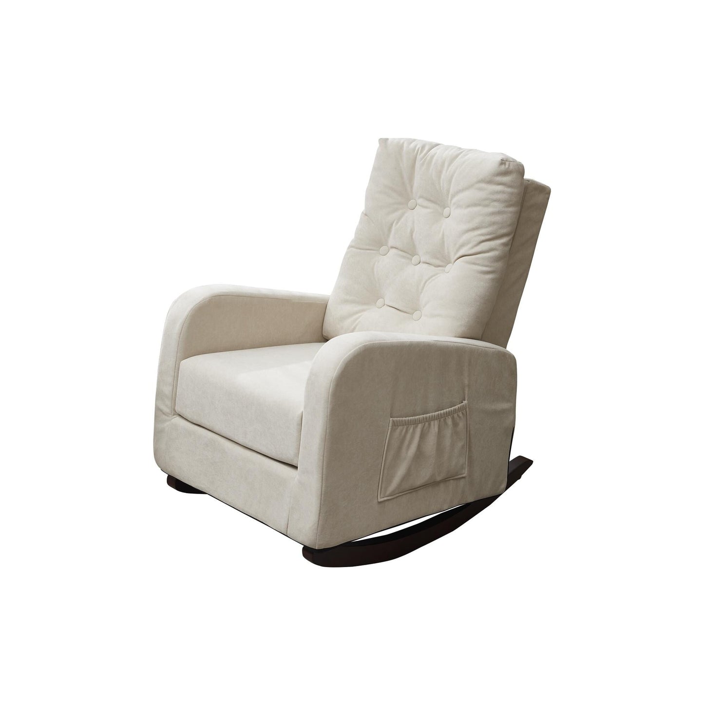 Fauteuil inclinable beige réglable pour balcon et tatami, dossier haut, pieds en bois massif, poches latérales