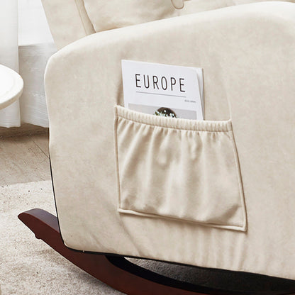 Fauteuil inclinable réglable beige avec pieds en bois massif, dossier haut et poches latérales de relaxation