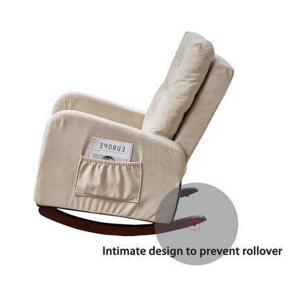 Fauteuil inclinable réglable beige avec pieds en bois massif, dossier haut et poches latérales de relaxation