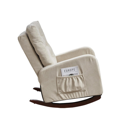 Fauteuil inclinable réglable beige avec pieds en bois massif, dossier haut et poches latérales de relaxation