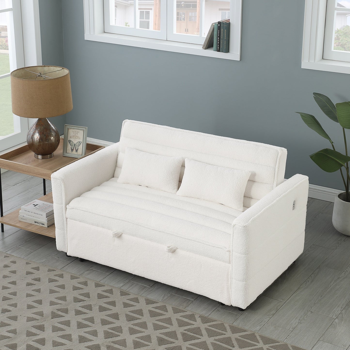 Canapé-lit convertible en tissu bouclé beige