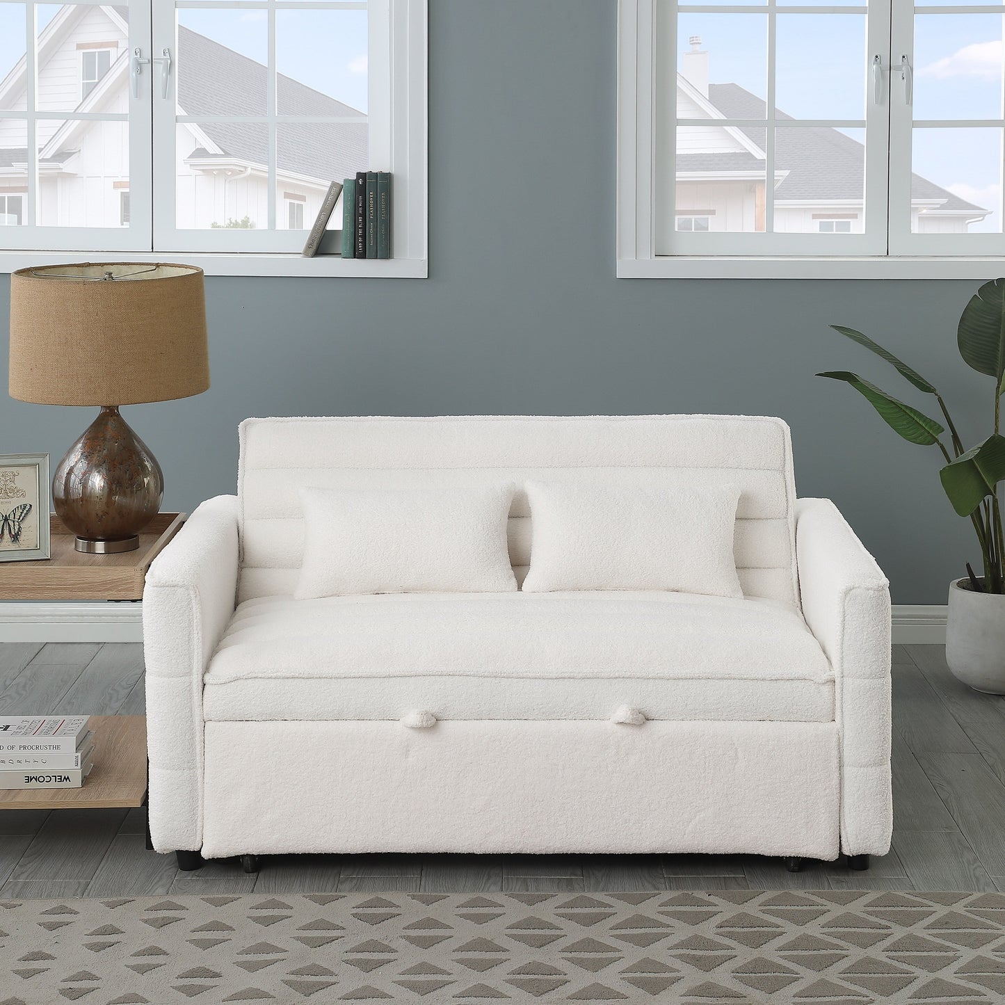 Canapé-lit convertible en tissu bouclé beige