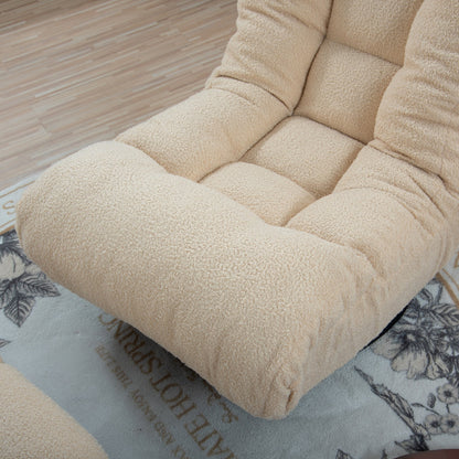 Fauteuil inclinable manuel pivotant à 360°, rembourré en tissu boucle beige, sans accoudoirs, avec pouf, appui-tête et dossier réglables